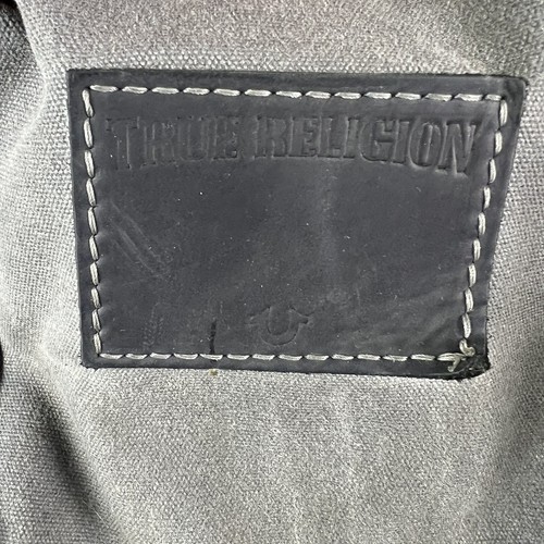 True Religion Gray Black Heavy Canvas Leather Trim Shoulder Travel Duffle Bag - Picture 3 of 9