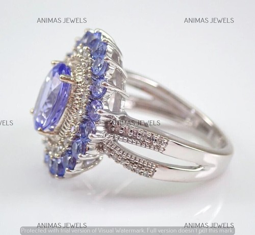 Real 925 Sterling Silver 2.50Ct Oval Cut Lab-Created Tanzanite Halo Wedding Ring - Picture 4 of 6