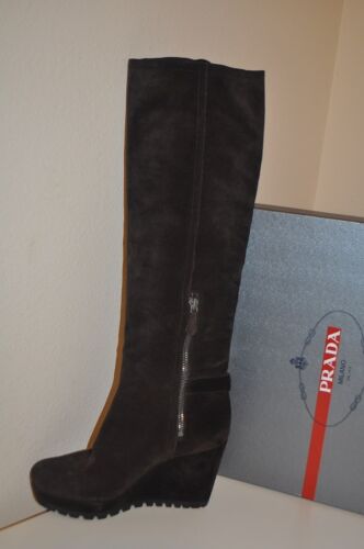 NEW PRADA Sport Moro Suede Leather Brown Knee High Wedge Boots Boot EUR 38 - Picture 3 of 9