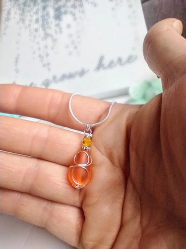 Orange Sea Glass  Loop  Silver Snake Chain Necklace, Beach Earrings, Gift - Picture 5 of 8