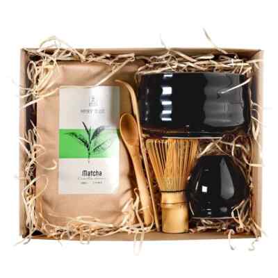 Matcha Tee Pulver Geschenkset Mary Rose 100g Bambus Besen Schale Schwarz 500ml 