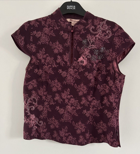 Monsoon Ladies Oriental Blouse Purple/Pink Jacquard Floral Silk Beaded UK12 VGC - Picture 2 of 12