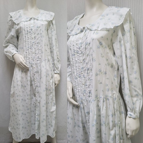 Vintage Eileen West for Queen Anne's Lace Blue Floral Cotton Nightgown - Size M