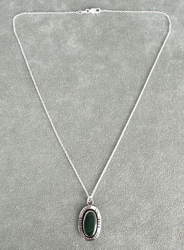 Vintage Malachite Pendant Hand Stamped Sterling Silver 18" Necklace - Picture 11 of 16
