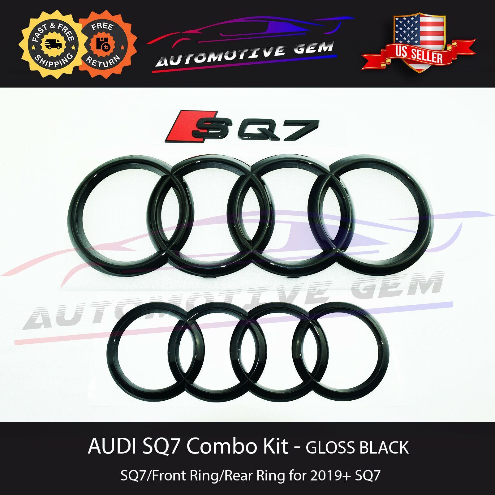 AUDI SQ7 Emblem GLOSS BLACK Front Grille Trunk Rear Ring Blackout Kit 2019+