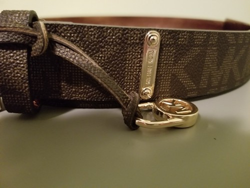 Michael Kors MK Signature Monogram Logo Gold Buckle Brown Belt Size L - Picture 3 of 6