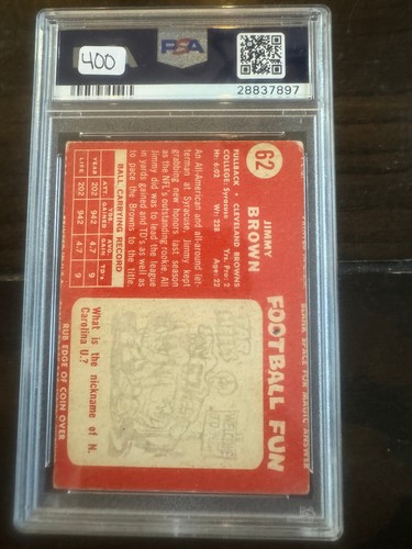 1958 Topps Football #62 Jim Jimmy Brown RC Rookie HOF PSA " NO CREASES " - Picture 2 of 2