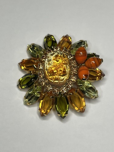 Vintage Juliana Brooch Molded Glass *Verified* Orange Yellow Greens Navette 1749 - Picture 9 of 14