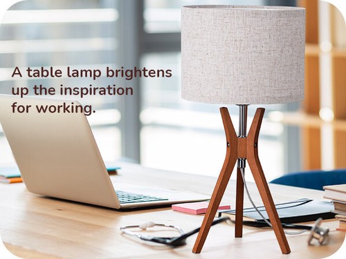 EDISHINE Mid Century Table Lamp,Deep Wood Color Light Base & Beige Linen Lampsha - Picture 11 of 14