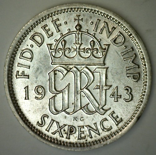 1943 BU Great Britain 6 Pence Silver Coin Uncirculated 6p George VI Sixpence - Picture 2 of 2
