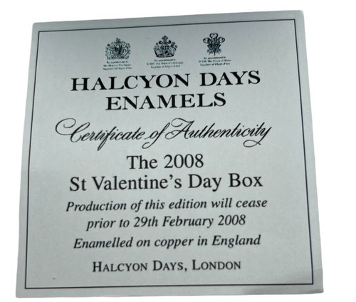 Seltene Halcyon Days Emaille Schmuckschatulle Sweet Valentine 2008 lila Blumen 1,5 Zoll - Bild 9 von 9