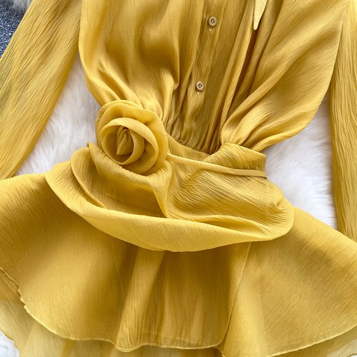 Womens Chiffon 3D Flower Lapel Collar Long Sleeves Shirt Slim Fit Pleated Tops - Picture 23 of 30