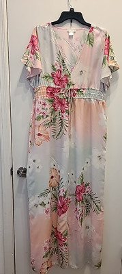 Venus Floral Maxi Dress Abstract Print  Smocked Short Sleeve V Neck Size XL