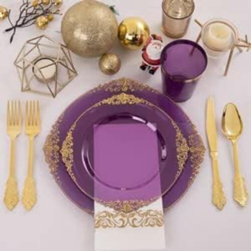 Squisiti piatti in plastica oro e viola 175 pezzi: forniture premium per feste di matrimonio - Foto 9 di 10