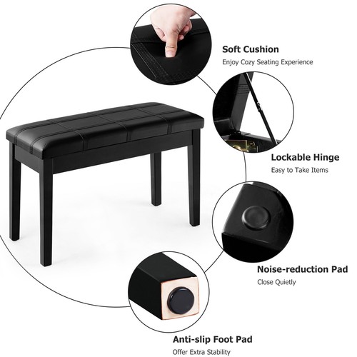 Solid Wood PU Leather Piano Bench Padded Double Duet Keyboard Seat Storage Black - Picture 9 of 10