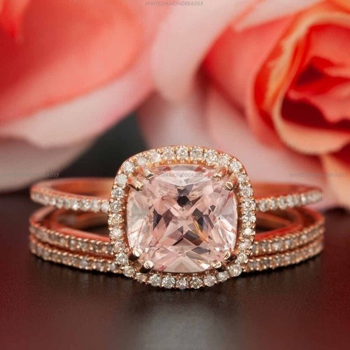 14 Karat Gelbgold Morganit Diamant Trio Braut Versprechen Verlobungsring für Frauen