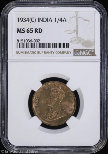 1934-(C) India 1/4 Anna NGC MS 65 RD | Uncirculated UNC BU
