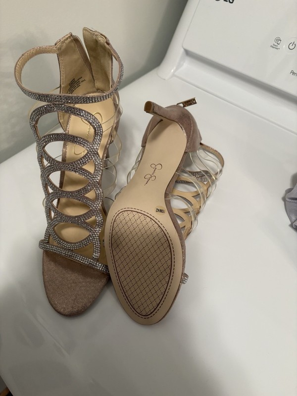 Jessica Simpson Women’s Taupe Rhinestone Strappy Open Toe Stiletto Heel 10