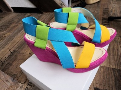 ALBA MODA Damen Keilsandalette Gr 38, pinker Absatz mit blau/grün/orange, neu