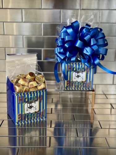 Happy Birthday Reese’s Peanut Butter Cups Gift Basket-Box Wrapped & Blue Bow - Picture 1 of 2