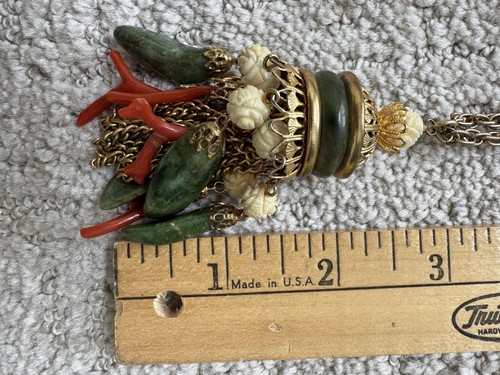 Vintage Carved Coral & Jade Necklace Asian Piece - Picture 14 of 17