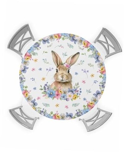 Easter Round Fitted Tablecloth with Elastic Bunny Floral Wreath Tablecloths