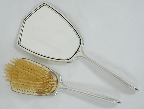 Vintage 1961 Sterling Silver 2pc Guilloche Enamel Magnolia Hair Brush Mirror Set - Picture 6 of 12