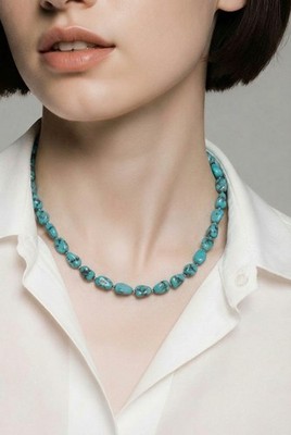 Turquoise Magnesite  flat round  oblong  Clasped Beaded Necklace  17 