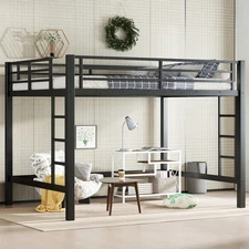 Queen Size Metal Loft Bed with Ladder & Guardrails, Black