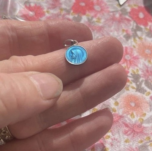 French medal Virgin Mary ⅓” Blue Enamel Pendant Tiny Sterling Silver Lourdes - Picture 9 of 12