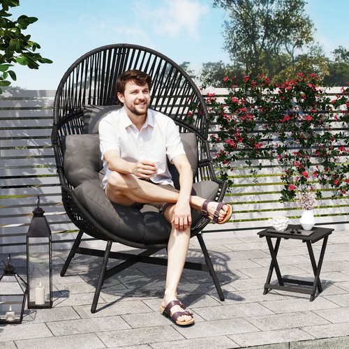 Outsunny Standing Rattan Garden Egg Chair with Headrest, Charcoal Grey - Picture 2 of 11