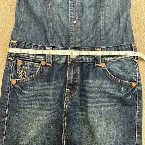 True Religion Denim Dress Sz 12 Horseshoe Pockets Logo Patch Y2K Streetwear - Picture 9 of 15