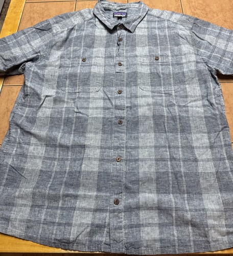Patagonia Button Hemd Herren 2XL blau kariert Bio Baumwolle Hanf kurzarm