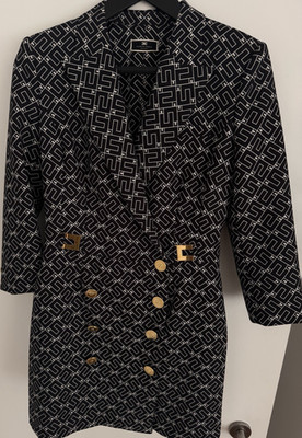 Elisabetta Franchi Damen Mantel Gr. 44 Schwarz/Weiß geometrisch lang gefüttert
