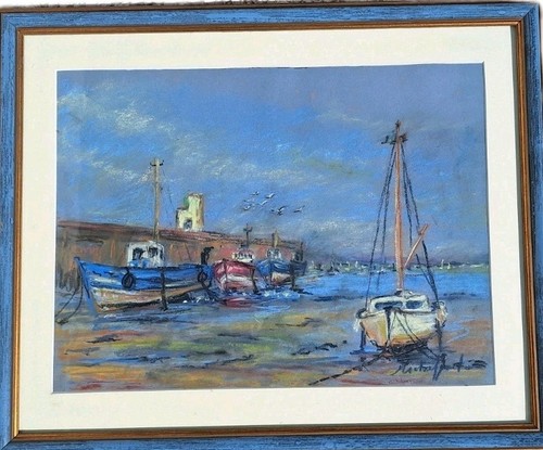 Tableau ancien paysage marin bateaux voiliers encadré signé - Photo 4 sur 16