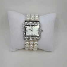 Diamonique CZ Silvertone Square Face Multi Strand Pearls Bracelet