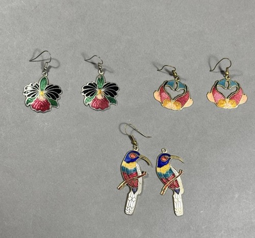 Cloisonne Enamel Earrings Floral Dangle Jewelry Orchid ~ Koi ~ Tropical Bird