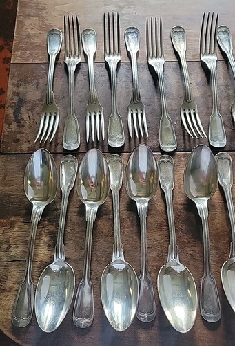 Antique French Silverplate FIDDLE THREAD Flatware Lot-12 Each Spoons/ Forks - Picture 3 of 16
