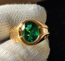 1CT Oval Cut Lab Created Emerald Men's Engagement Ring 14K Yellow Gold Finish