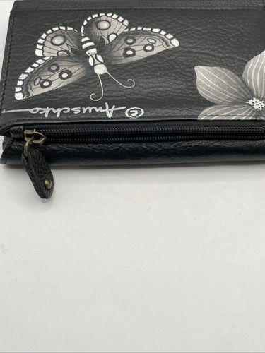 Anuschka Geldbörse schwarz mit Schmetterlingen handbemalt Leder RFID dreifach faltbar - Bild 9 von 9