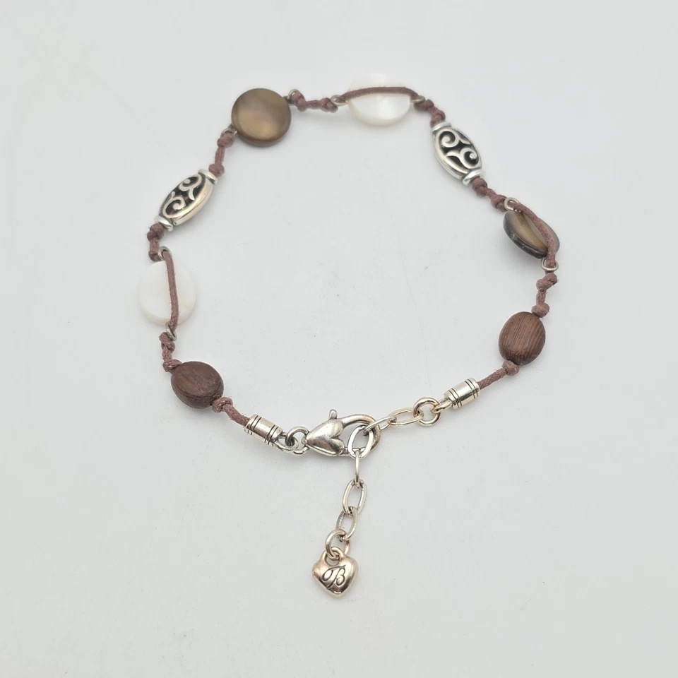 BRIGHTON Riviera Tobillera Madreperla Madera Cuentas Marrón Cordón Boho Placa Plateada Foto 3 de 4