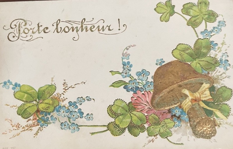 PC Antique French Good Luck Charm Postcard Mushroom Shamrock Forget Me Not