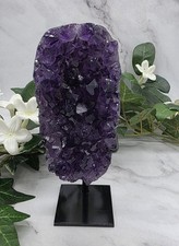Small Uruguay Amethyst Crystal Cluster on Metal Stand Deep Purple Druzy 15 oz