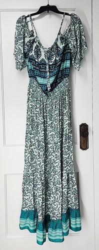 Maxi Vestido Floral Plisado Lascana Hombro Frío Manga Acampana Verde Talla 10 MED - Imagen 8 de 19