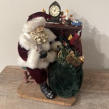 Very Rare Piece Santa Sitting Next To Fireplace Statue 10 W Gift Bag/Stockings