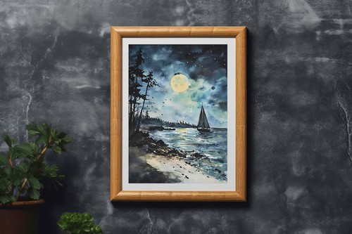 Radiant Moonlit Coast 5"x7" Print on Matte Paper | Peaceful Evening Painting - Picture 10 of 18