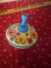 Vintage 1960's Ohio Art Metal Spinning Top with Wood Handle Litho Tin Toy