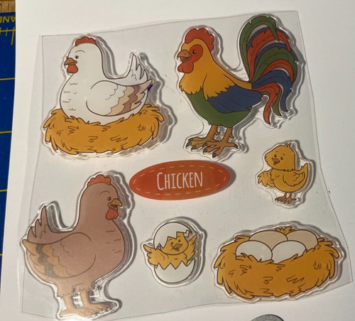 CLING STAMP & DIE SET-ROOSTER,CHICKEN,CHICKS-PREVIOUSLY OWNED,USED FUN 4 KIDS - Picture 2 of 3