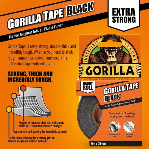 Duck Duct Gaffa Gaffer Tape Waterproof Cloth Strong Black Gorrila Glue 25mm x 9m - Picture 3 of 7