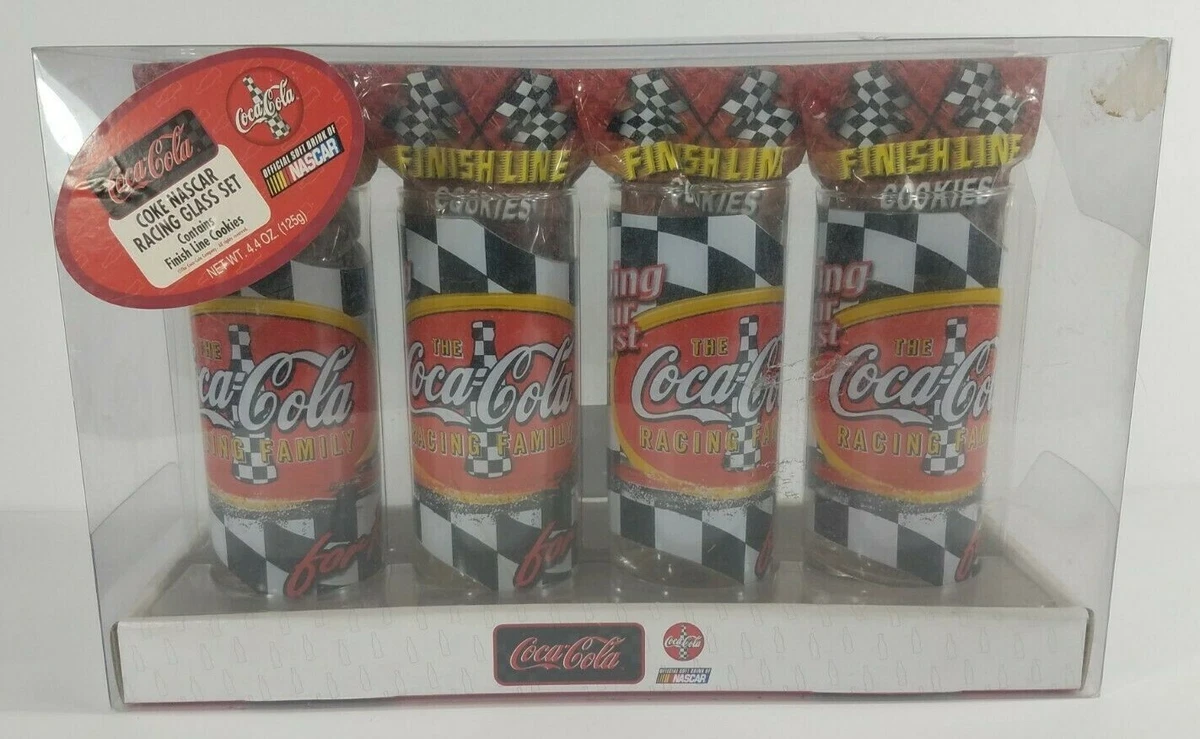 NIP Nascar Coca-Cola Racing 4 piece drinking glasses set w/ Finish Line Cookies
